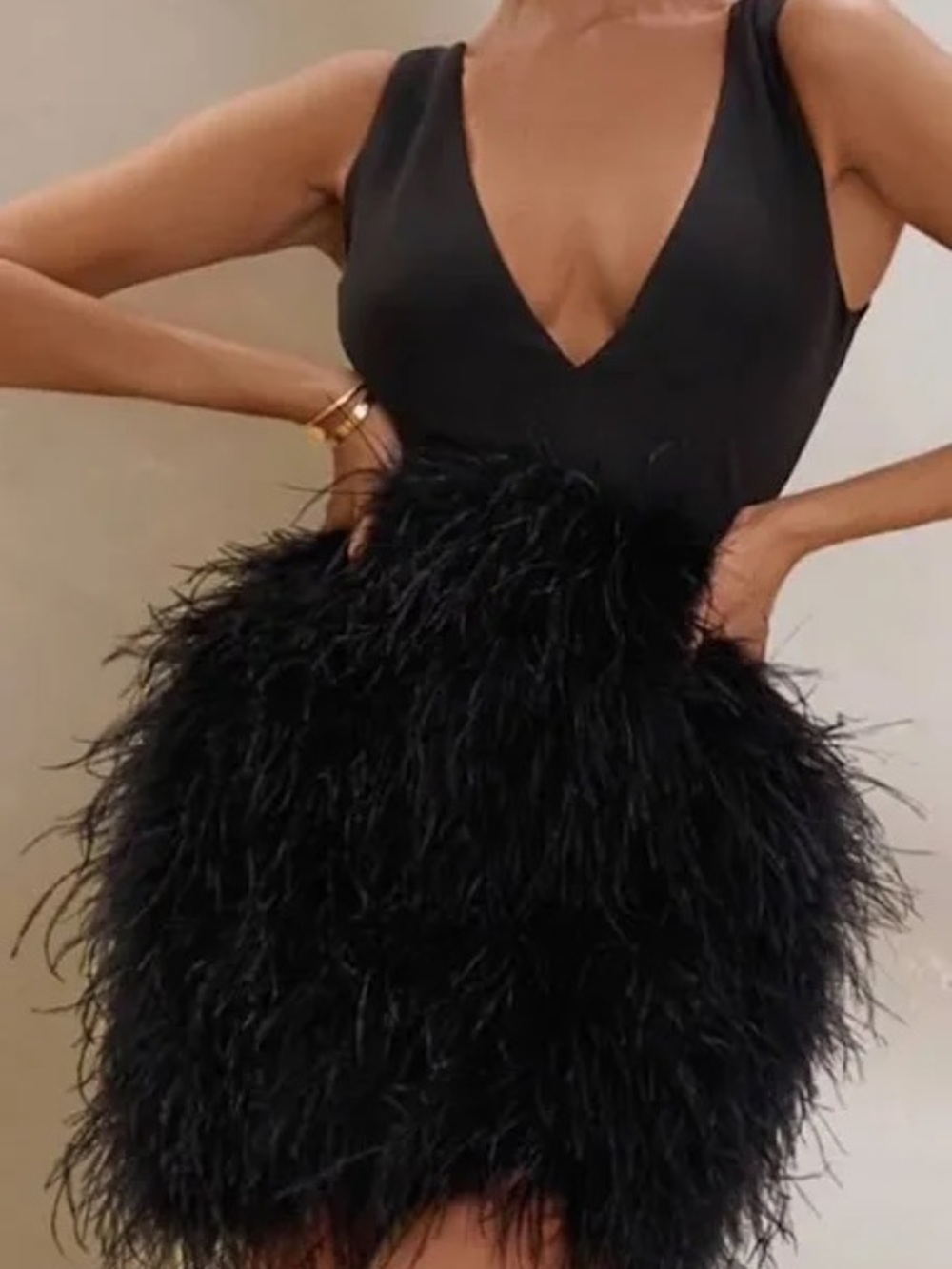 Plunge V-Neck Black Feather-Trim Mini Dress